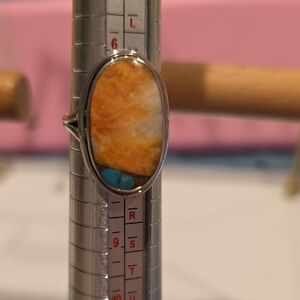 Oval Spiny Oyrster Copper Stone Ring with Orange and Turquoise
